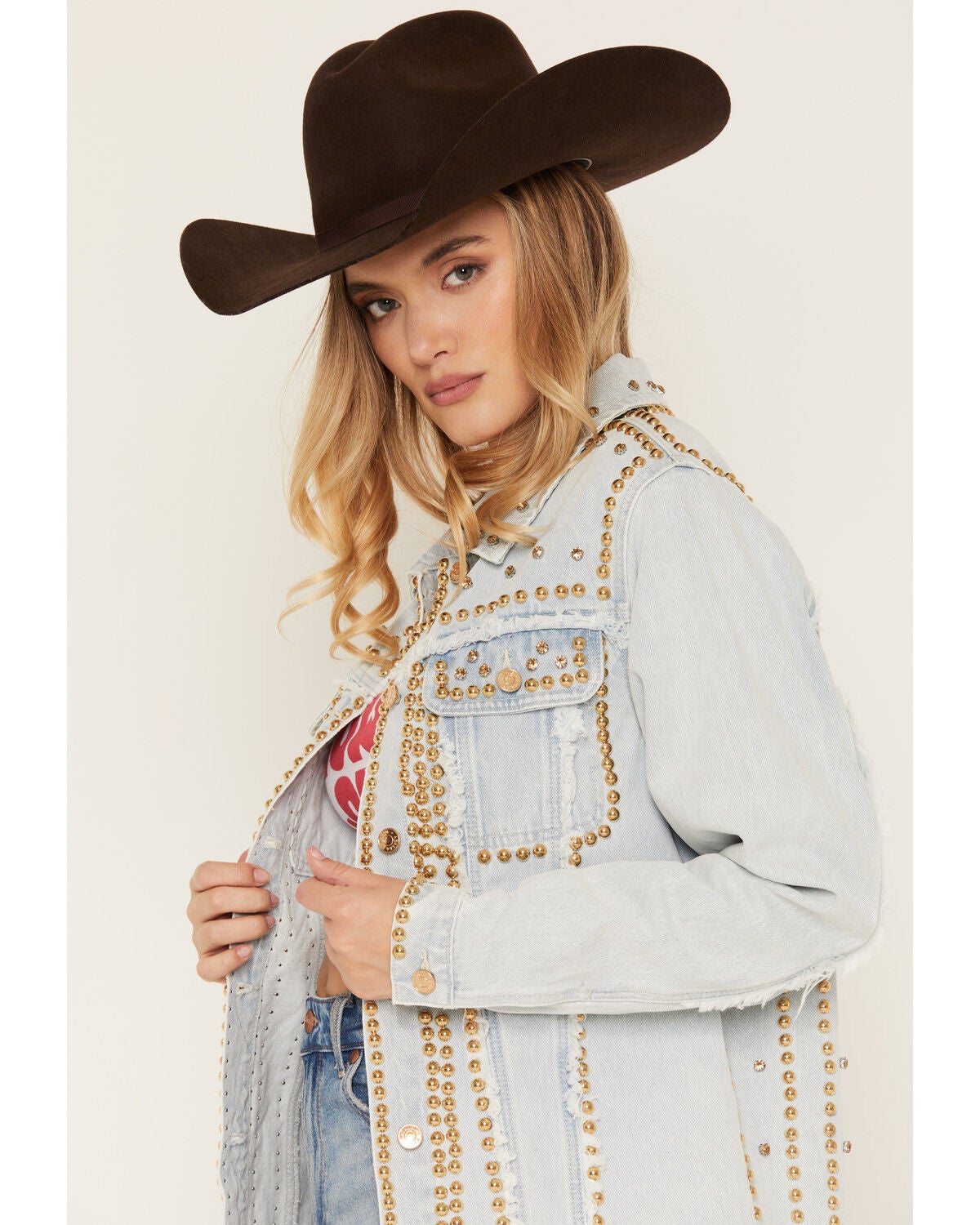 Image #2 - Azalea Wang Women's Light Wash Studded Button-Down Denim Jacket, Light Wash, hi-res