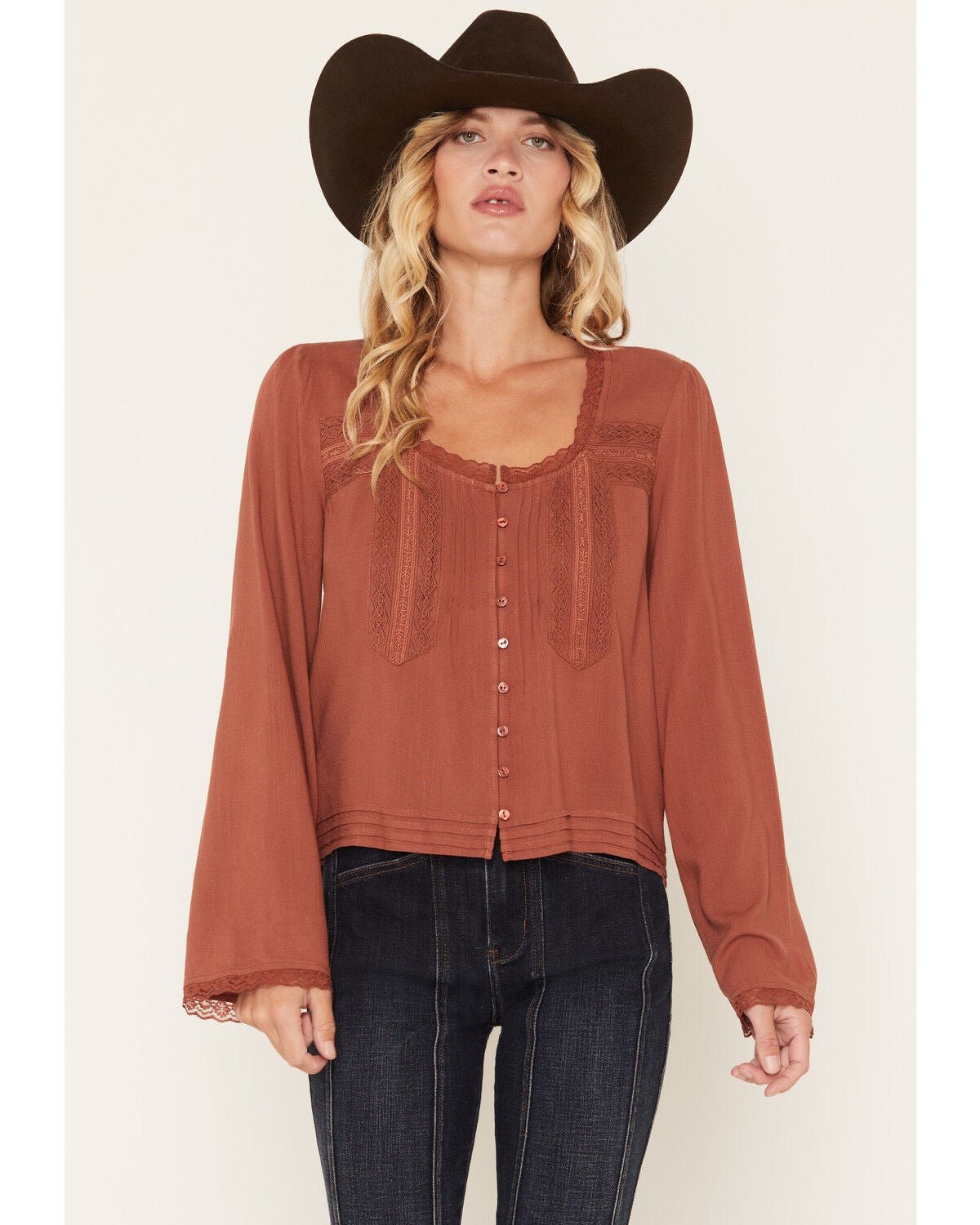 Image #1 - Lovestitch Women's Long Sleeve Lace Trim Top, Dusty Rose, hi-res
