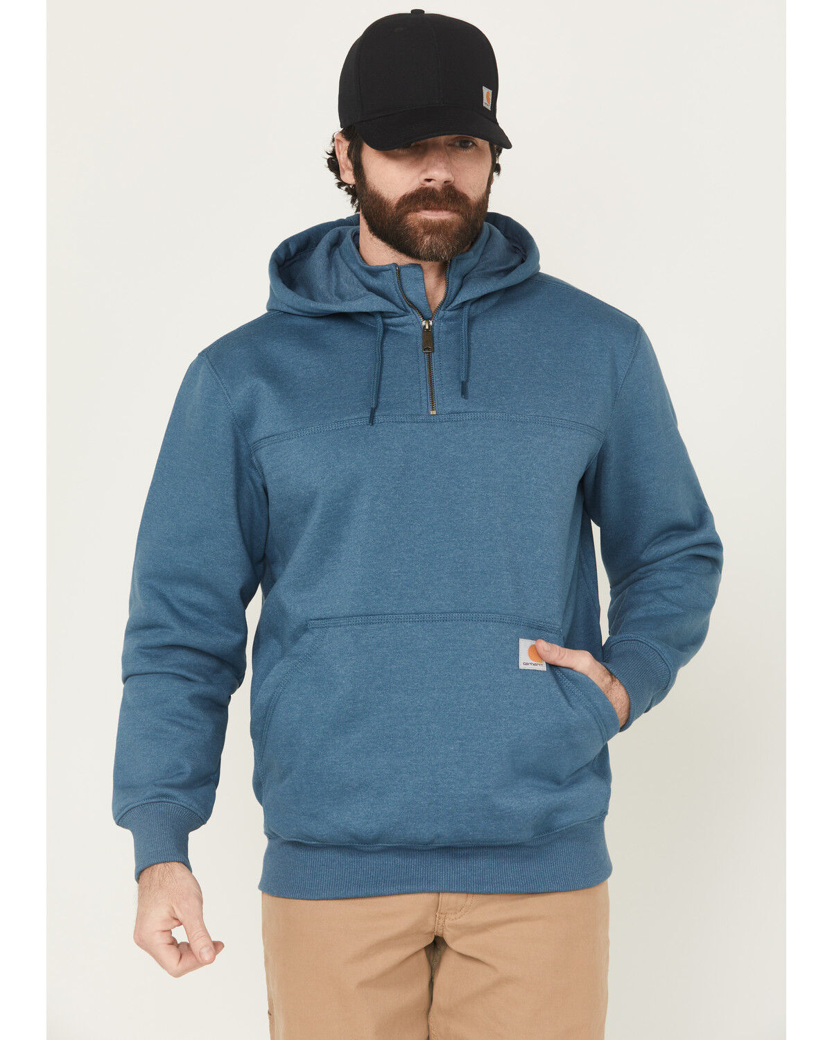 Image #1 - Carhartt Men's Rain Defender® Loose Fit Heavweight Quarter-Zip Hooded Pullover, Blue, hi-res