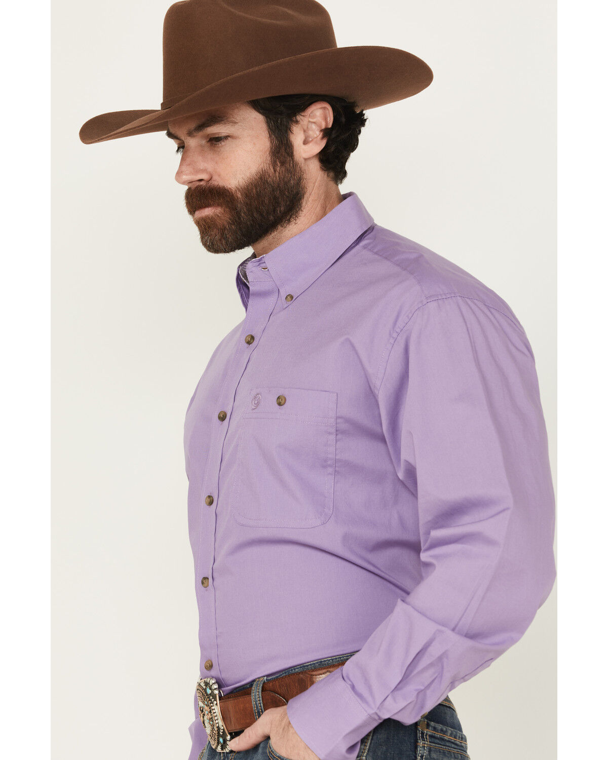 Image #2 - George Strait by Wrangler Men's Solid Long Sleeve Button-Down Stretch Western Shirt, Purple, hi-res
