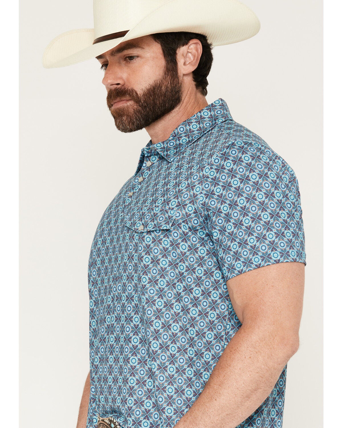 Image #2 - Rock & Roll Denim Men's Medallion Print Short Sleeve Pearl Snap Polo, Blue, hi-res