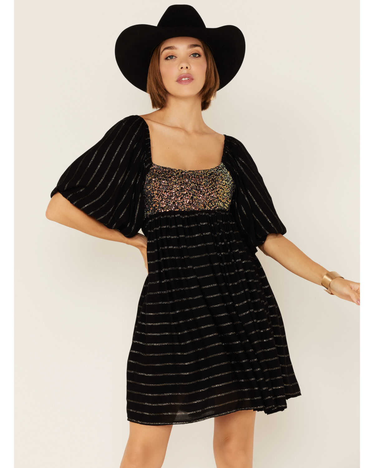 Image #2 - By Together Women's Sequin & Lurex Striped Babydoll Mini Dress, Black, hi-res