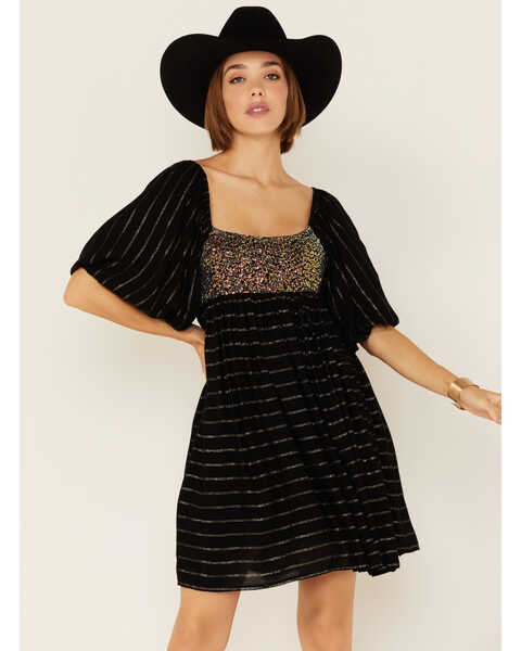 Image #2 - By Together Women's Sequin & Lurex Striped Babydoll Dress, Black, hi-res