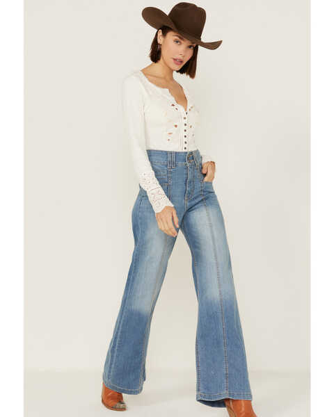Cruel Girl Women's Wide Length Light Stone Denim Jeans, Indigo, hi-res