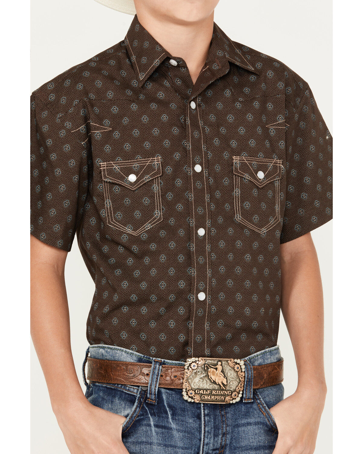 Image #3 - Rock & Roll Denim Boys' Medallion Vintage Short Sleeve Snap Western Shirt, Brown, hi-res