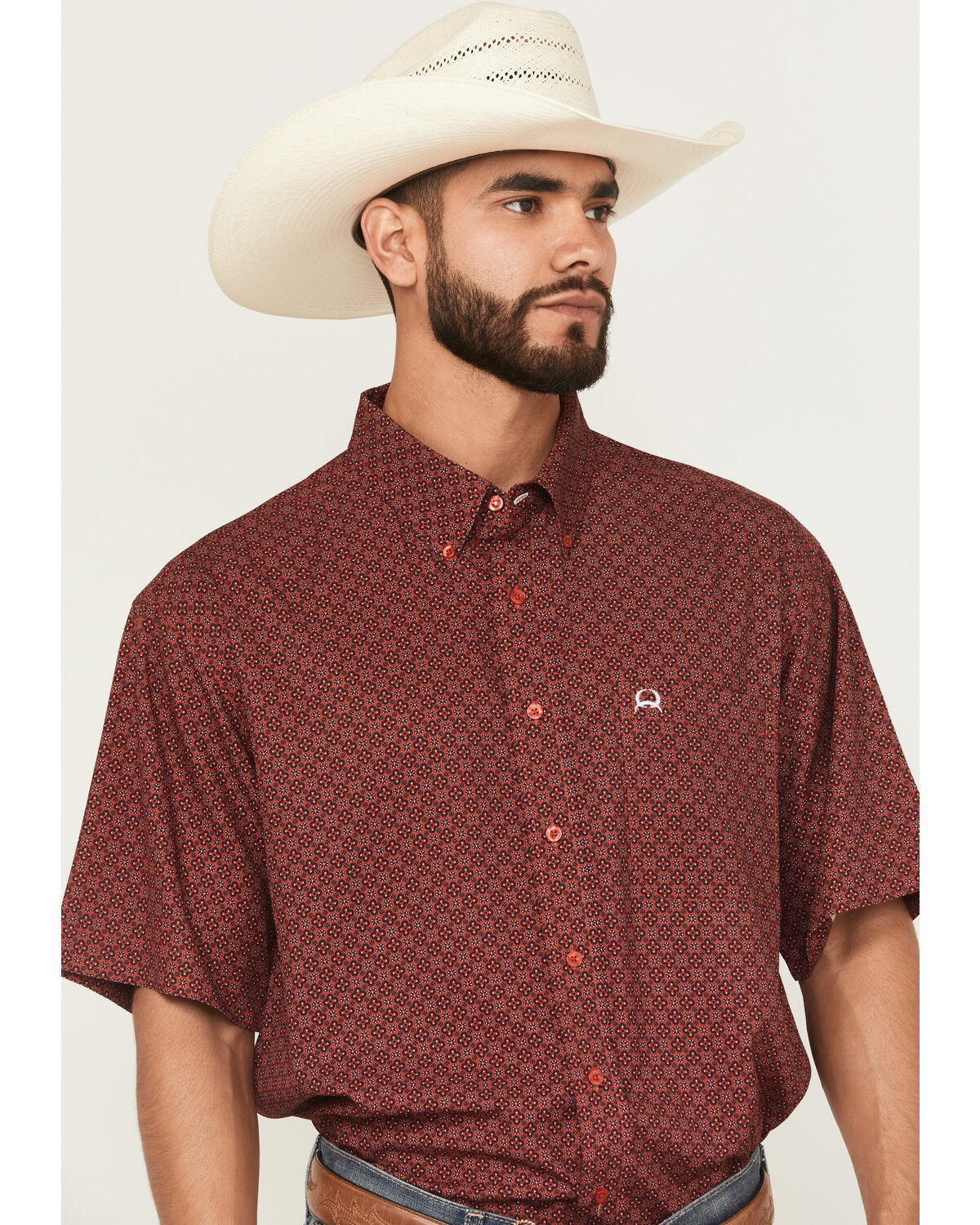 Image #1 - Cinch Men's Geo Print Short Sleeve Button-Down Performance Stretch Western Shirt, Red, hi-res