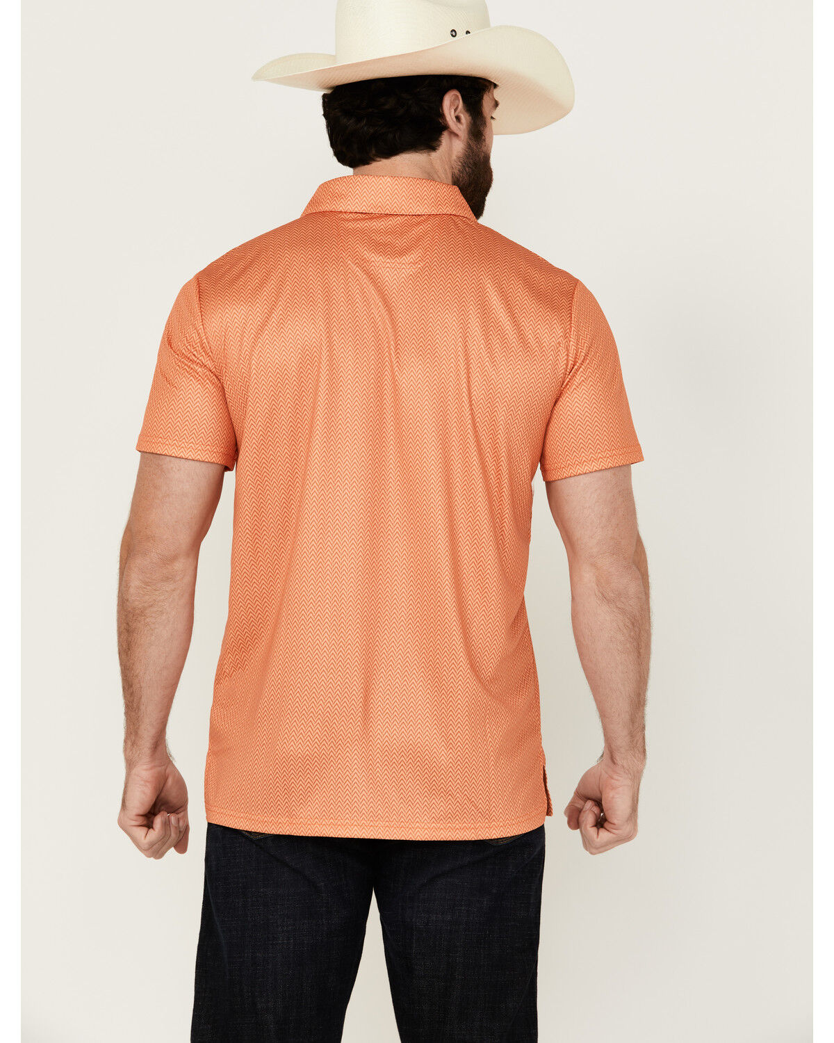 Image #4 - Rock & Roll Denim Men's Geo Print Short Sleeve Stretch Polo Shirt, Orange, hi-res