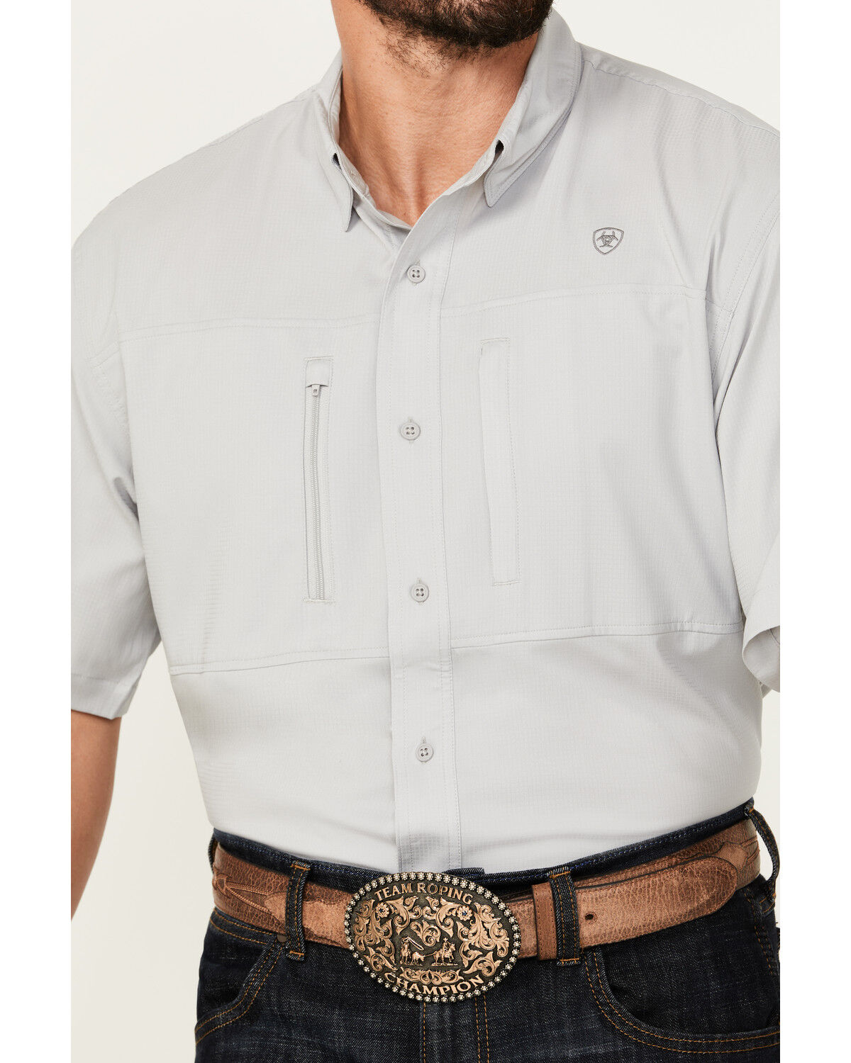Image #3 - Ariat Men's VentTEK Classic Fit Solid Short Sleeve Performance Shirt - Big, Light Grey, hi-res