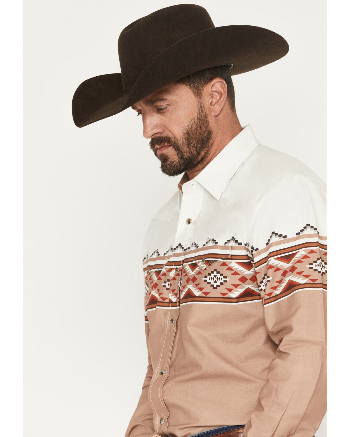 Image #2 - Rodeo Clothing Men's Southwestern Border Print Long Sleeve Snap Western Shirt, Camel, hi-res
