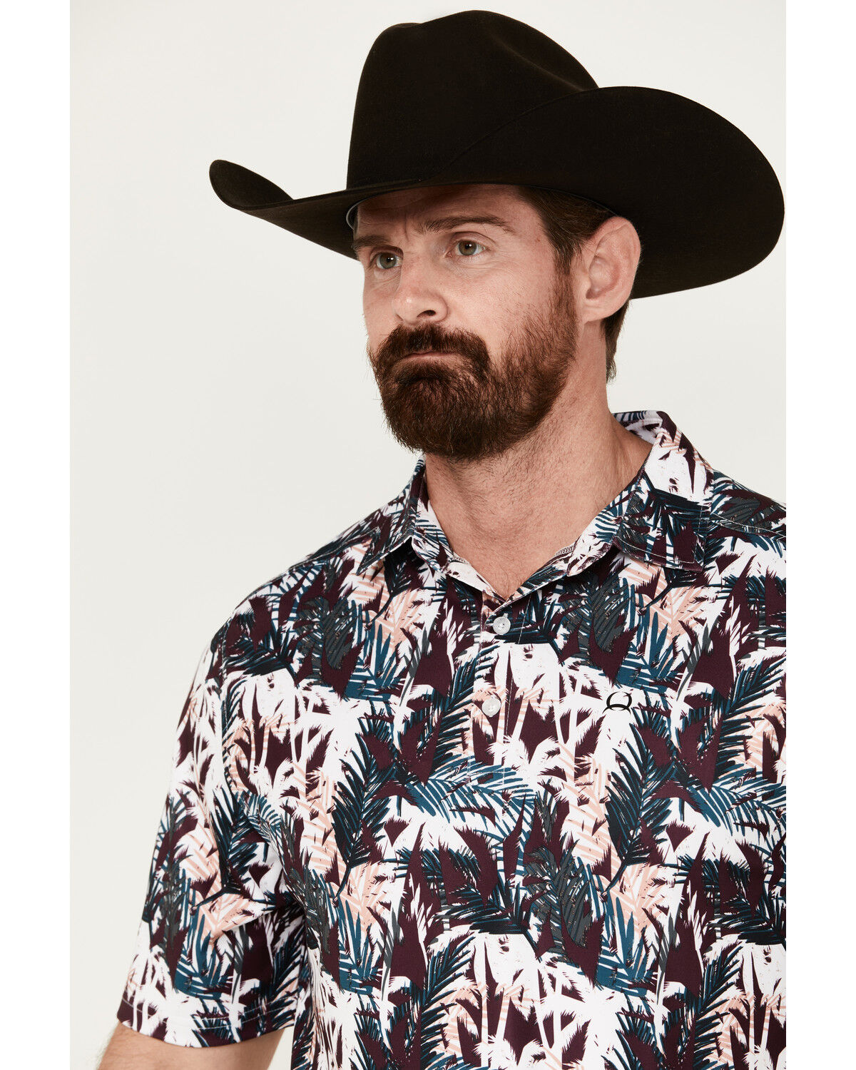 Image #2 - Cinch Men's ARENAFLEX® Palm Leaf Print Short Sleeve Performance Polo, Purple, hi-res