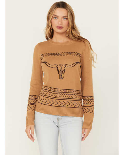 Image #1 - Cotton & Rye Women's Long Horn Sweater , Camel, hi-res