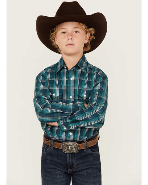 Image #1 - Panhandle Select Boys' Plaid Print Long Sleeve Pearl Snap Western Shirt, Teal, hi-res