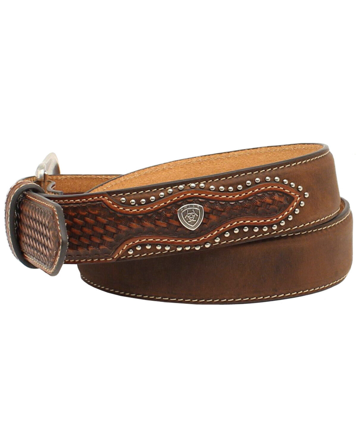 Image #2 - Ariat Men's Basket Weave Studded Tab Belt, Aged Bark, hi-res