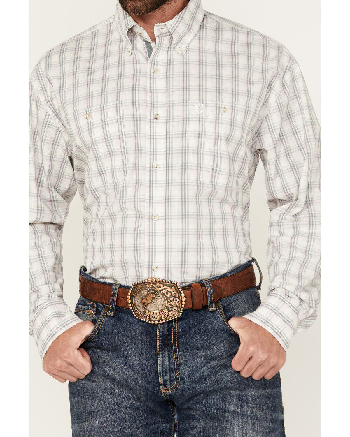 Image #3 - George Strait by Wrangler Men's Plaid Print Long Sleeve Button-Down Stretch Western Shirt, Light Grey, hi-res