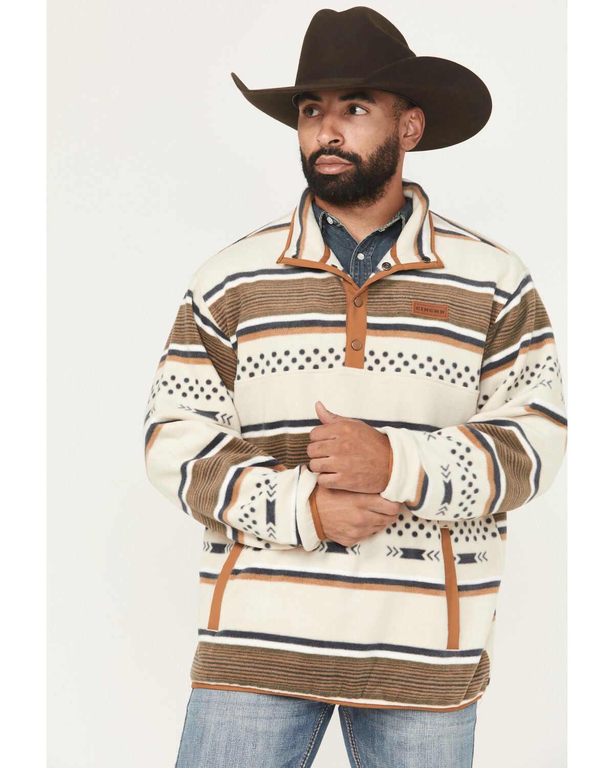 Cinch Men's Striped 1/4 Snap Pullover, Cream, hi-res