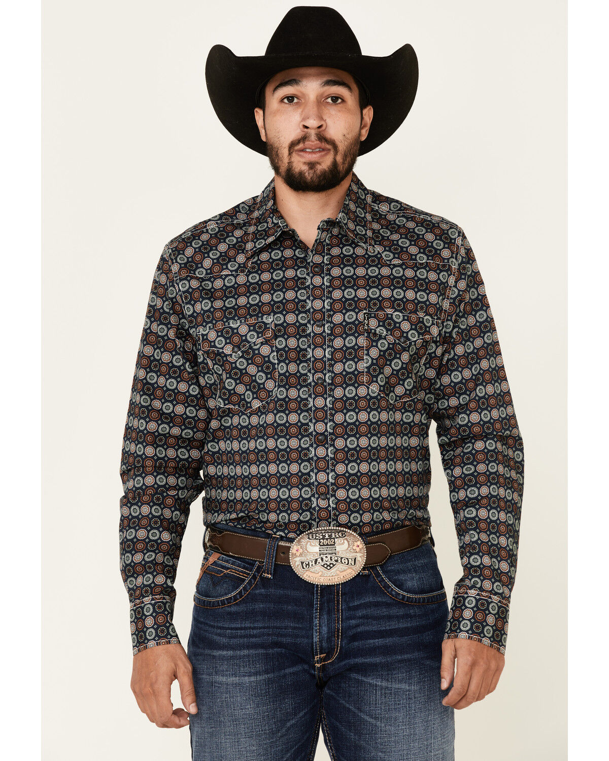 Image #1 - Cinch Men's Modern Fit Navy Large Geo Print Long Sleeve Western Shirt, Navy, hi-res