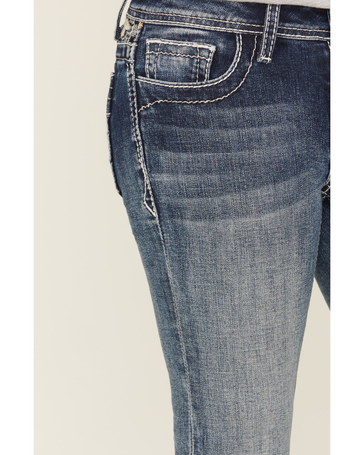 Image #4 - Grace In LA Girls' Medium Wash Floral Embroidered Faux Flap Pocket Bootcut Stretch Denim Jeans, Blue, hi-res