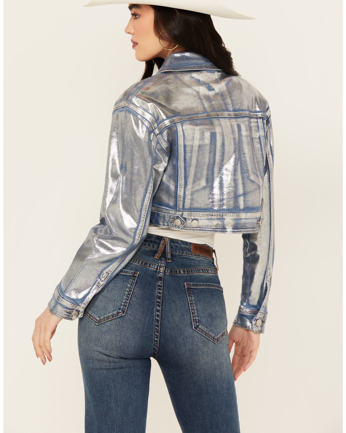 Image #4 - Vibrant Denim Women's Metallic Cropped Denim Jacket, Medium Wash, hi-res