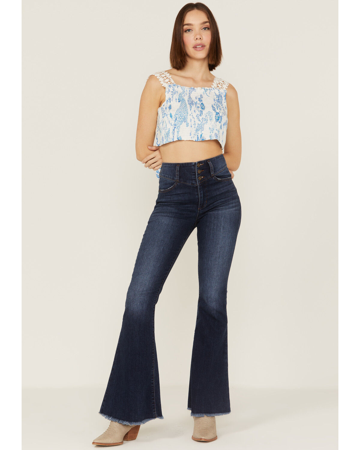 Image #2 - Z&L Women's Delphi Print Smocked Tie Back Sleeveless Crop Top, White, hi-res