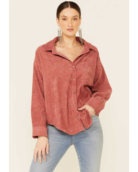Wishlist Women's Ginger Corduroy Button-Down Long Sleeve Oversized Western Shirt , Mauve, hi-res