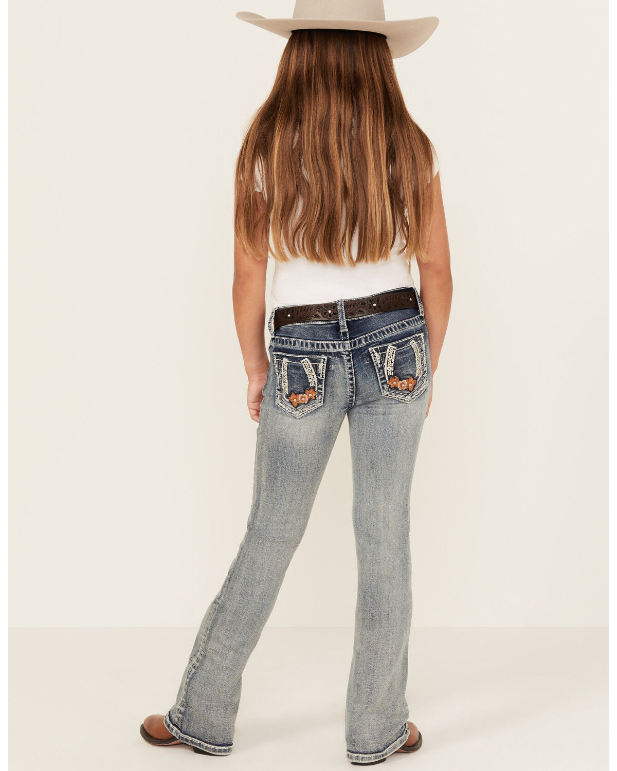 Image #1 - Grace in LA Girls' Light Wash Horseshoe Floral Bootcut Denim Jeans, Light Wash, hi-res