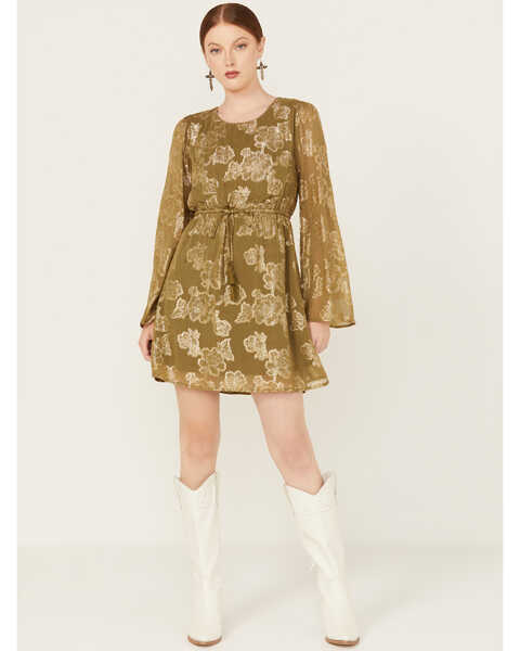 En Creme Women's Floral Metallic Long Sleeve Mini Dress, Olive, hi-res
