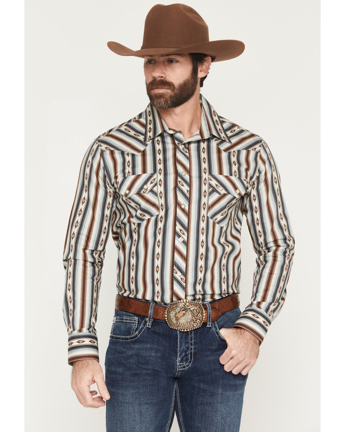 Image #1 - Rock & Roll Denim Men's Dale Brisby Southwestern Stripe Print Long Sleeve Snap Stretch Western Shirt, Dark Brown, hi-res