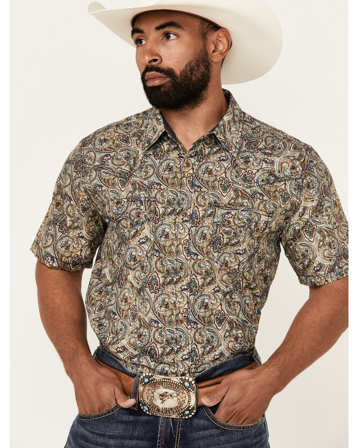 Image #2 - Cody James Men's Down The Road Paisley Print Short Sleeve Snap Western Shirt, Ivory, hi-res