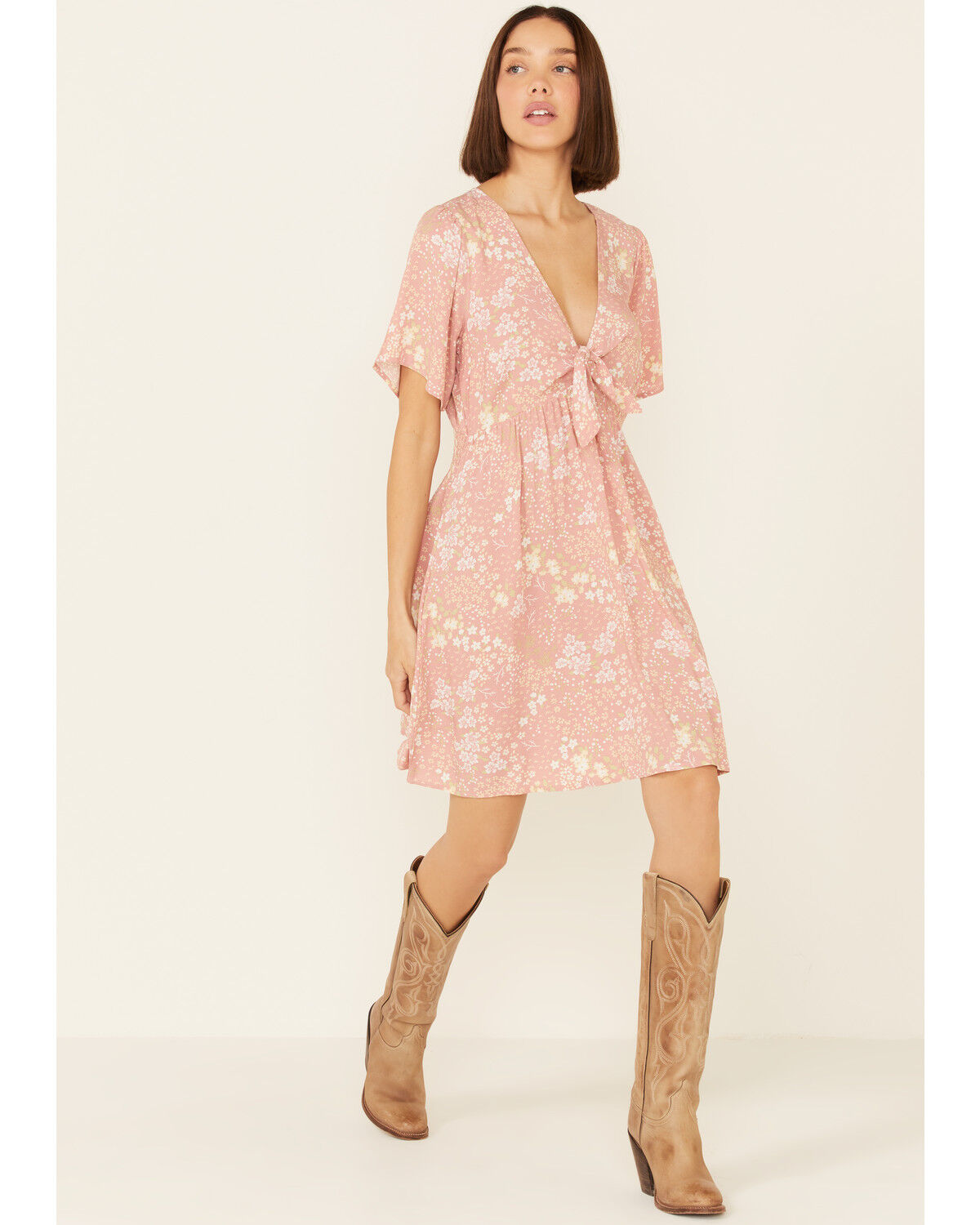 Image #1 - Beyond The Radar Women's Mauve Floral Tie-Front Dress, , hi-res