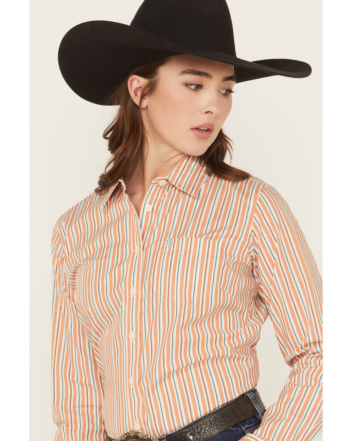 Image #2 - Ariat Women's Malia Striped Print Long Sleeve Button-Down Stretch Western Shirt, Orange, hi-res