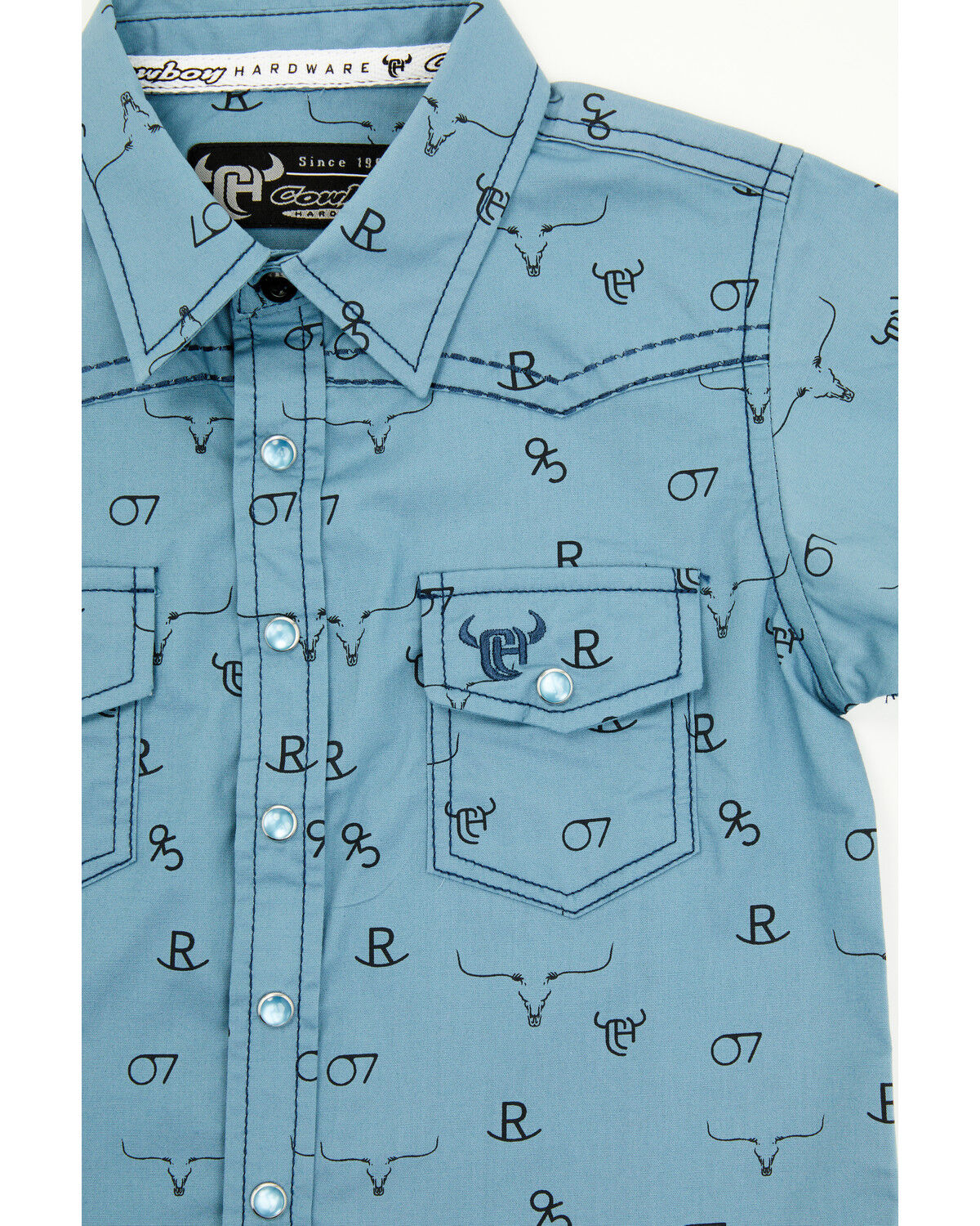 Image #2 - Cowboy Hardware Toddler Boys' Branding Iron Short Sleeve Snap Western Shirt, Blue, hi-res
