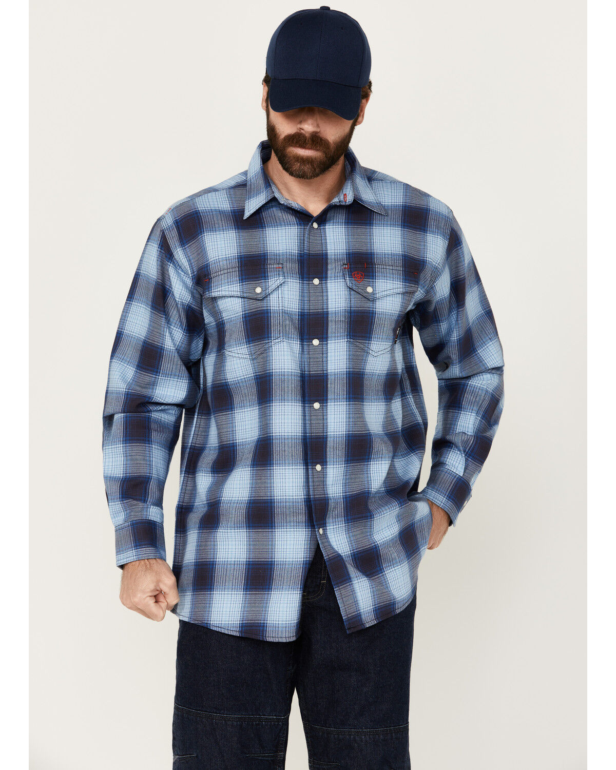 Image #1 - Ariat Men's FR Bighorn Plaid Print Long Sleeve Snap Work Shirt, Blue, hi-res