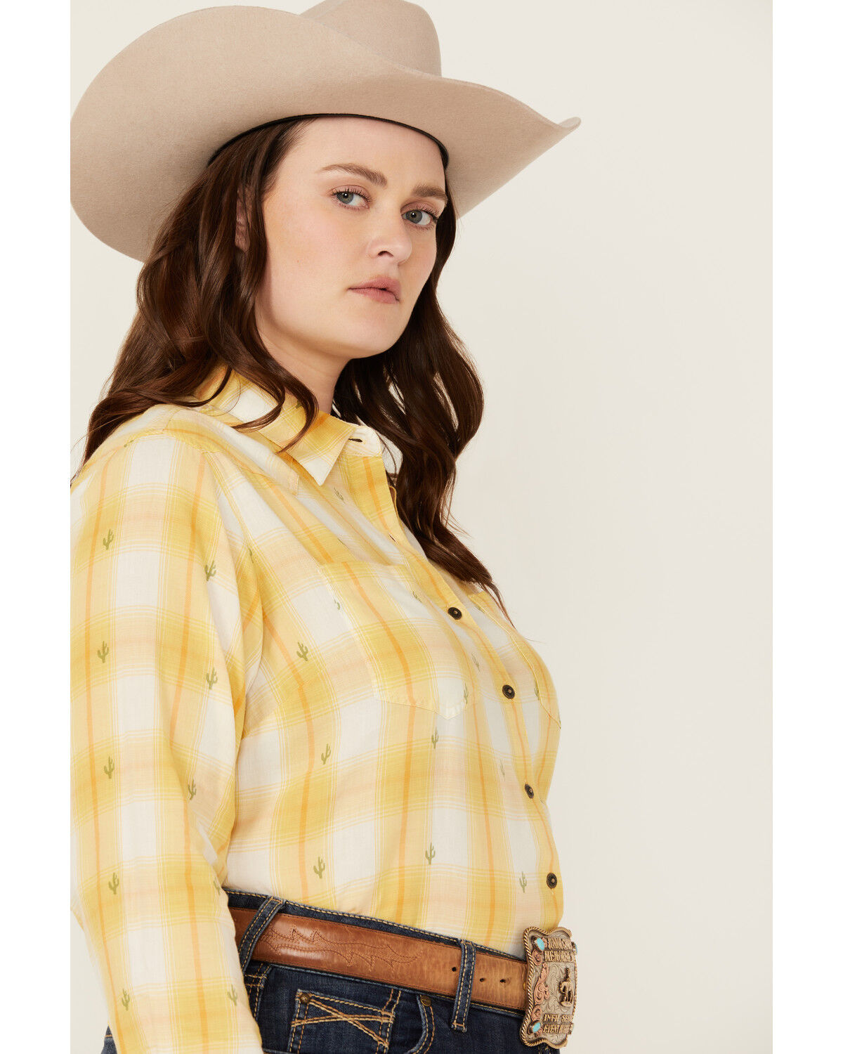 Image #2 - Ariat Women's Billie Jean Cactus Plaid Print Long Sleeve Button-Down Western Shirt - Plus, Yellow, hi-res