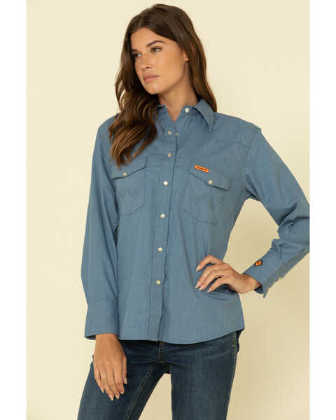 Wrangler Women's FR Blue Snap Long Sleeve Work Shirt, Blue, hi-res