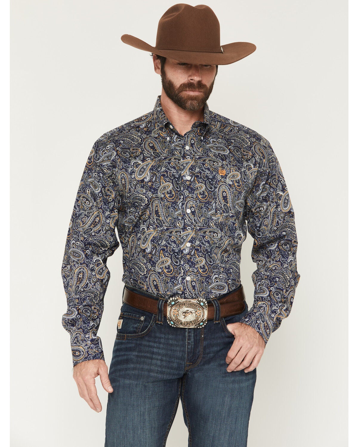 Image #1 - Cinch Men's Paisley Print Long Sleeve Button-Down Western Shirt, Navy, hi-res