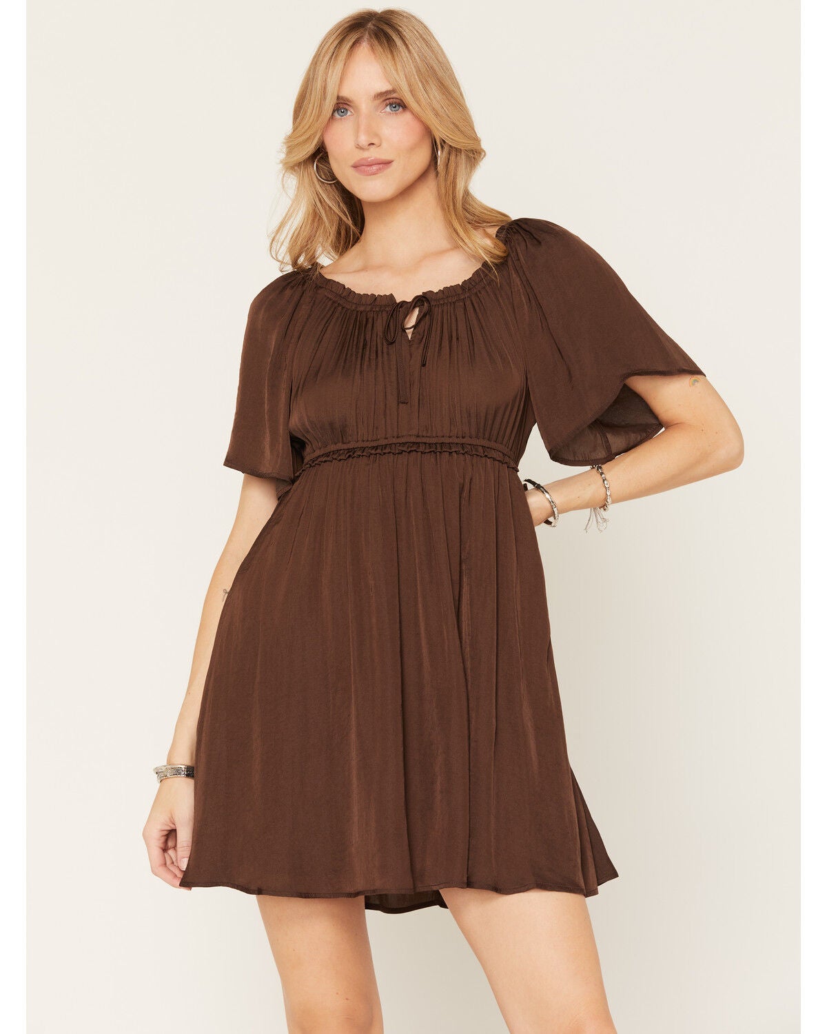 Image #1 - Shyanne Women's Hailey Satin Flounce Short Sleeve Mini Dress, Cognac, hi-res