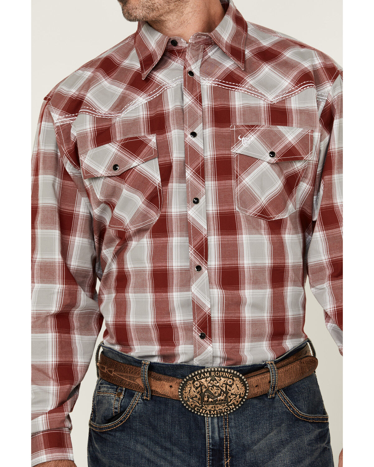 Image #3 - Cowboy Hardware Men's Plaid Print Long Sleeve Snap Western Shirt, Red, hi-res