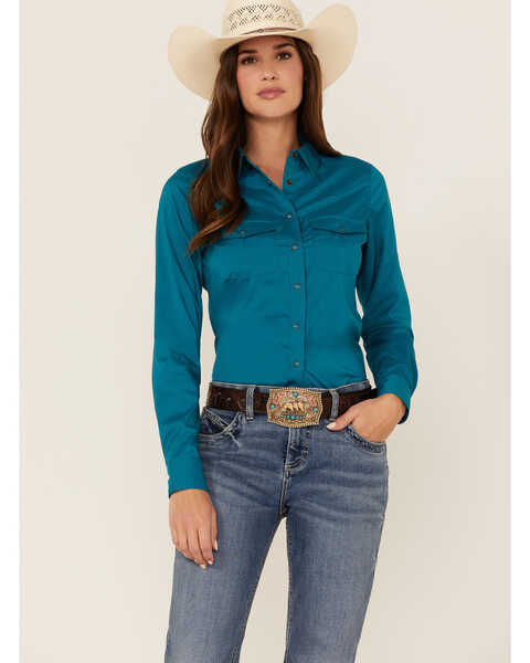 RANK 45 Women's Vented Performance Outdoor Long Sleeve Snap Western Shirt, Teal, hi-res
