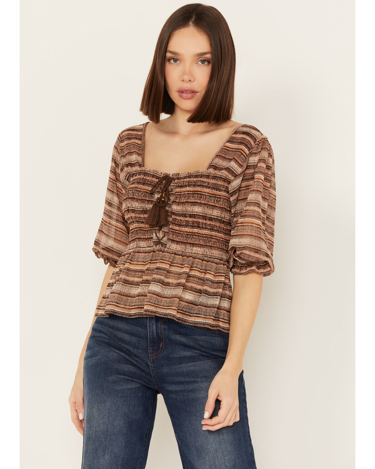 Image #1 - Shyanne Women's Smocked Lace-Up Print Top, Medium Brown, hi-res