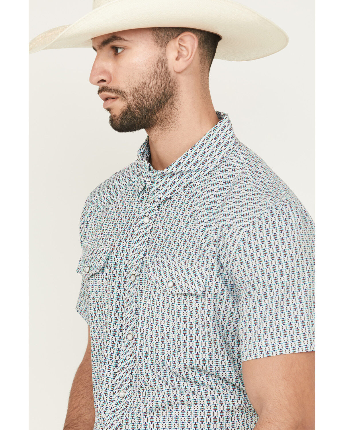 Image #2 - Panhandle Men's Geo Print Short Sleeve Snap Performance Western Shirt, Aqua, hi-res