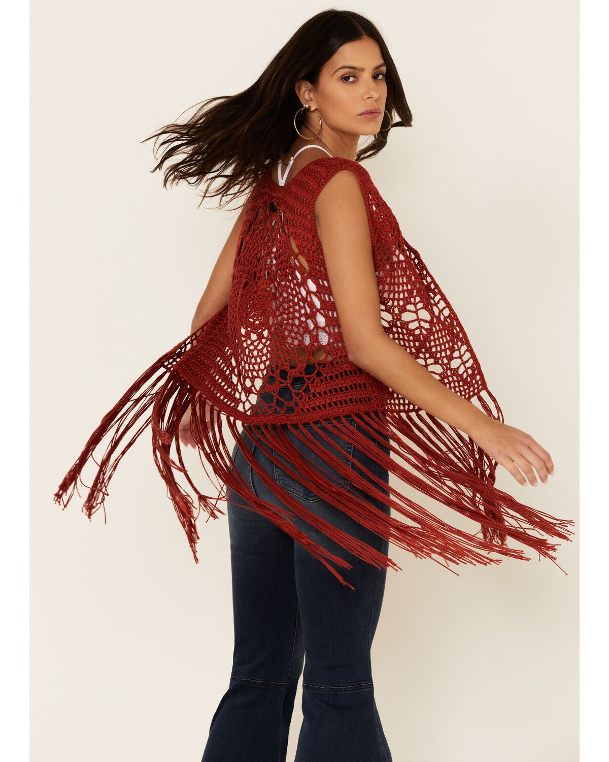 Rust Crochet Fringe Vest 