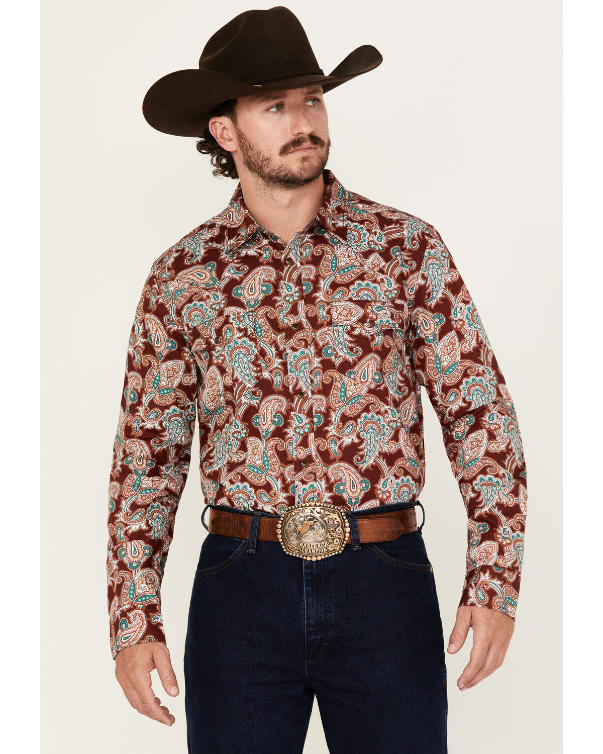 Image #1 - Cody James Men's Noah Paisley Print Long Sleeve Snap Western Shirt - Tall, Burgundy, hi-res