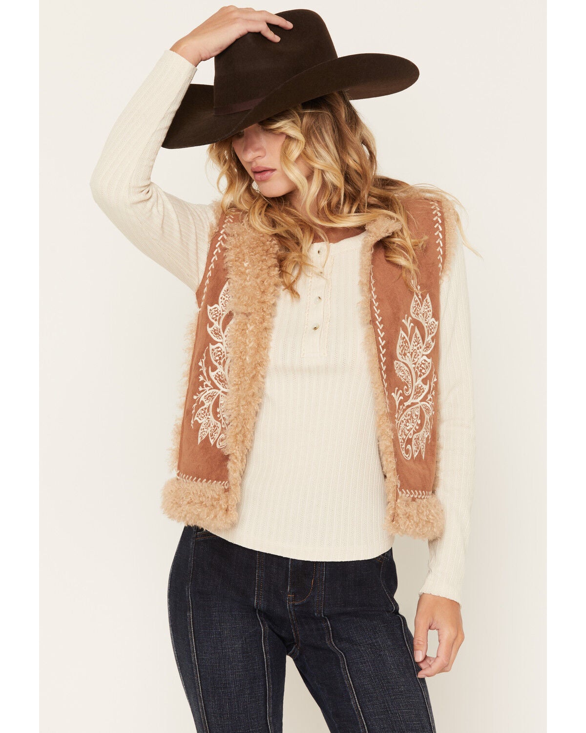Image #1 - Shyanne Women's Cedar Embroidered Faux Suede and Shearling Bonded Vest, Bark, hi-res