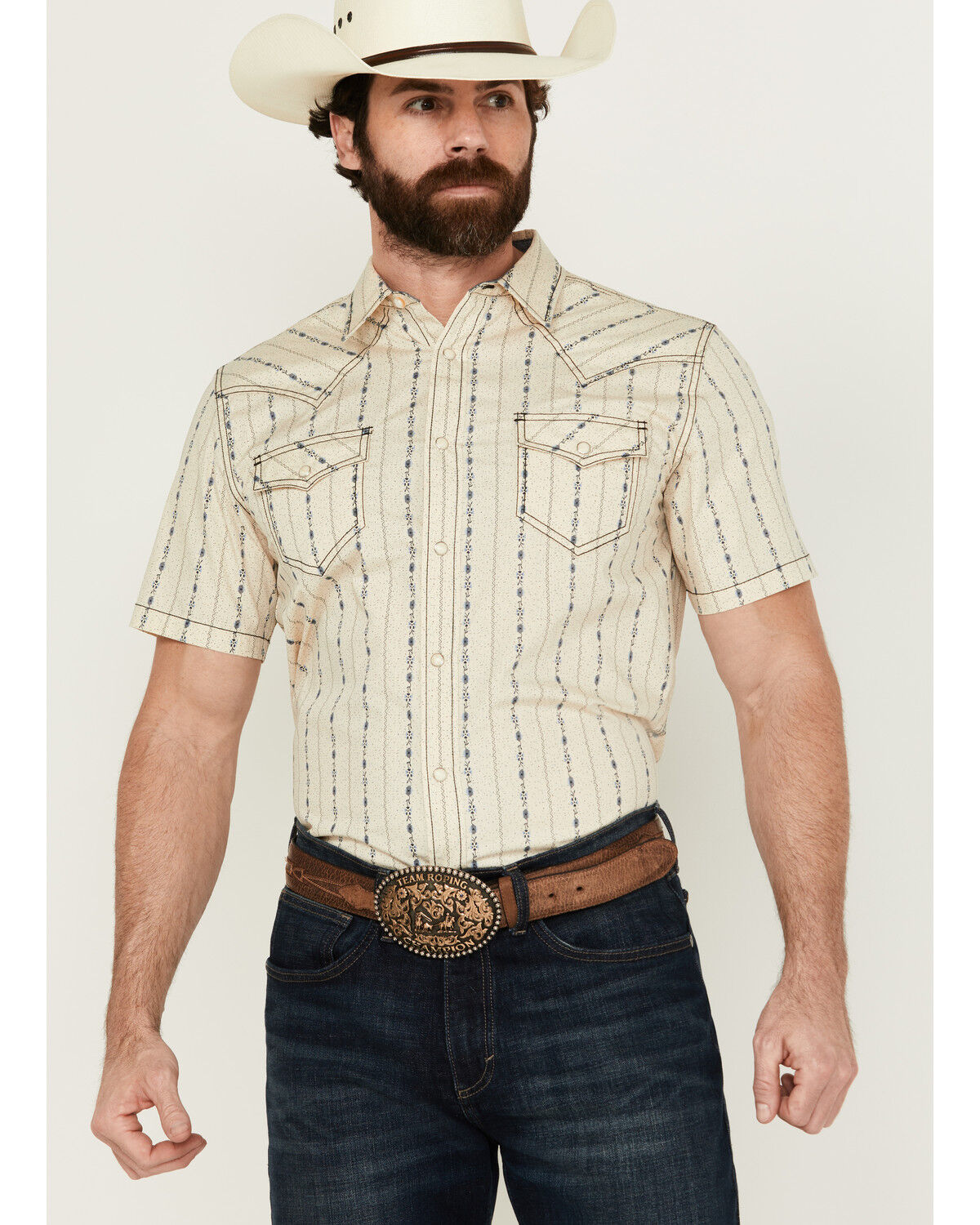 Image #1 - Cody James Men's Snake Den Striped Short Sleeve Snap Western Shirt, Ivory, hi-res