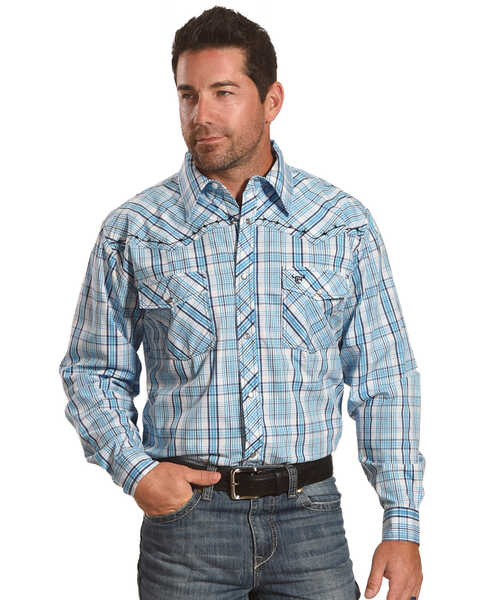 Cowboy Hardware Men's Picnic Plaid Print Long Sleeve Western Shirt , Blue, hi-res