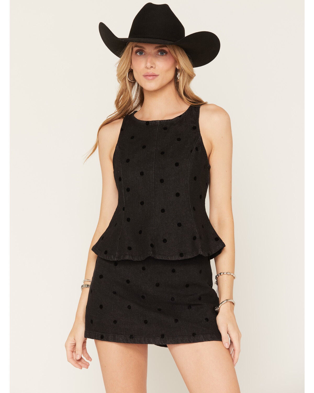 Image #1 - Cleo + Wolf Women's Polka Dot Denim Sleeveless Peplum Top, Black, hi-res