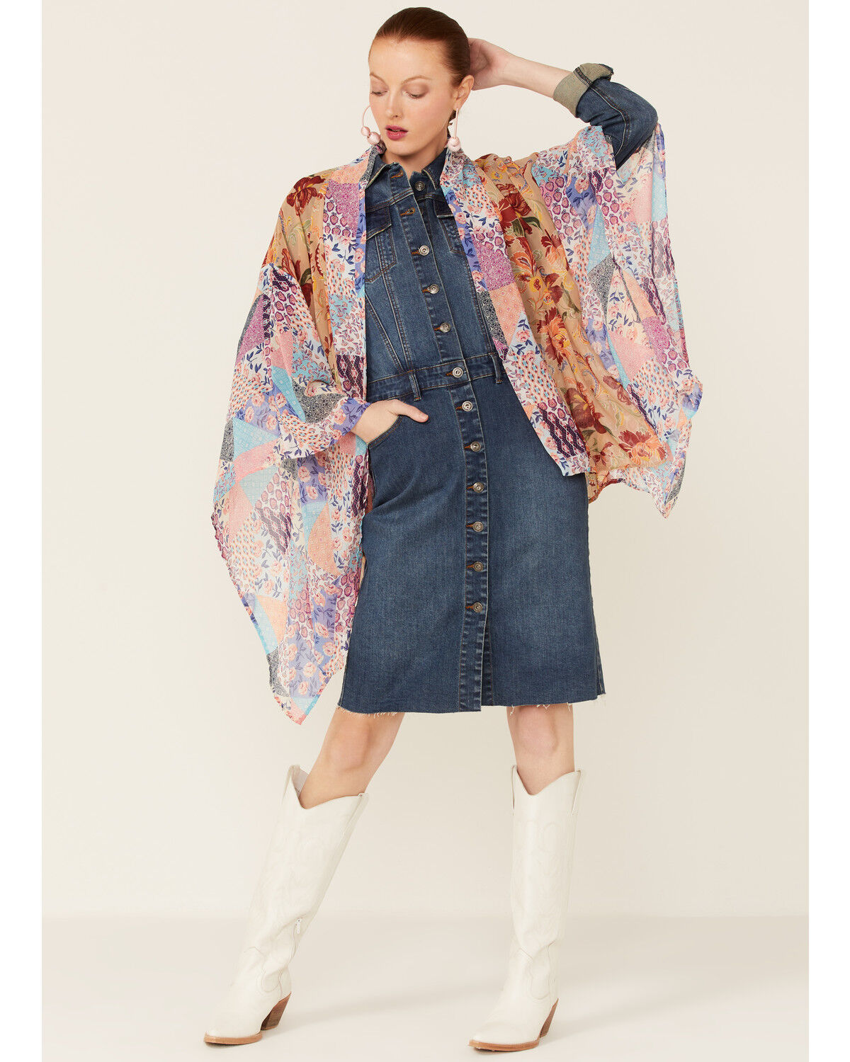 Image #4 - LaBiz Women's Floral Short Kimono, Tan, hi-res