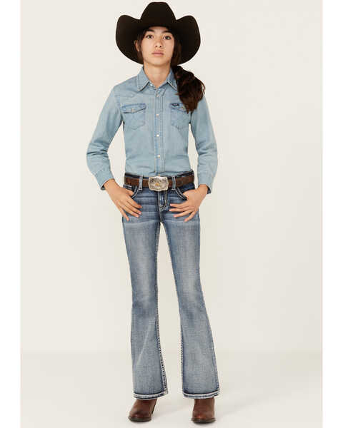 Image #3 - Miss Me Girls' Medium Wash Faded Stretch Bootcut Jeans , Light Blue, hi-res