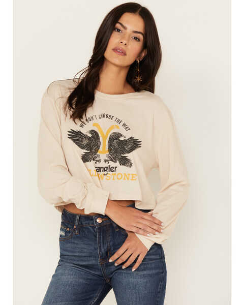 Image #1 - Wrangler Women's Yellowstone We Don't Choose The Way Long Sleeve Cropped Tee, Oatmeal, hi-res