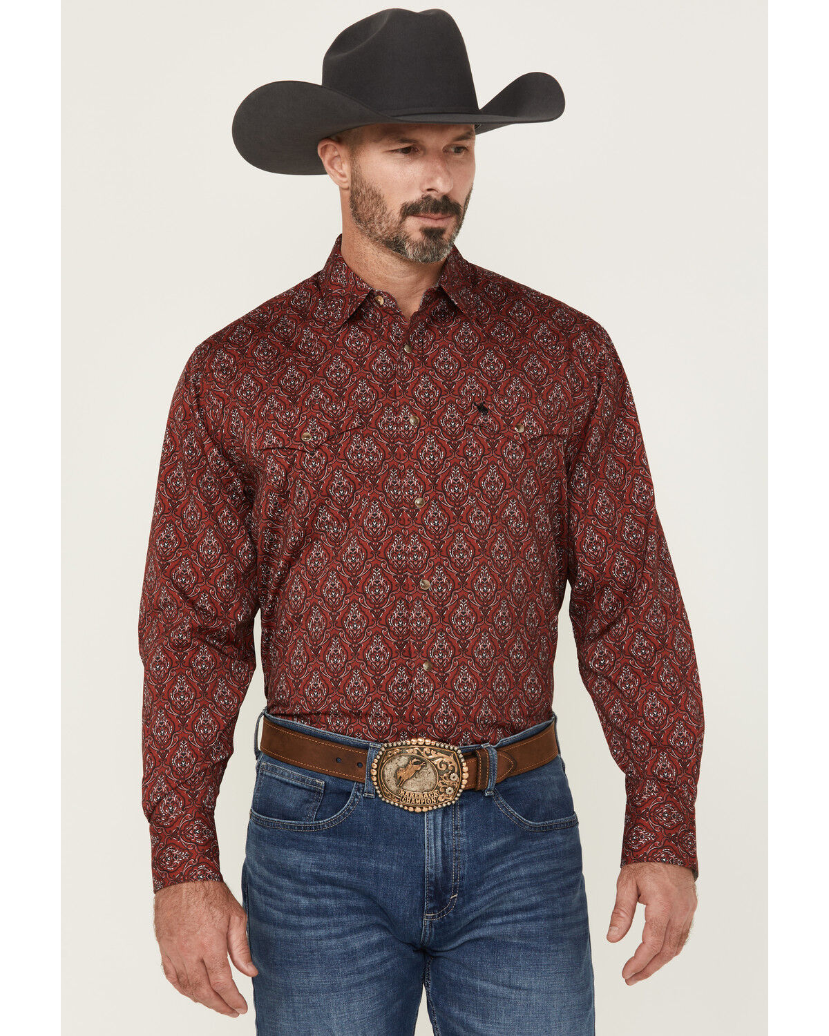 Image #1 - Rodeo Clothing Men's Boot Barn Exclusive Paisley Print Long Sleeve Snap Western Shirt, Burgundy, hi-res